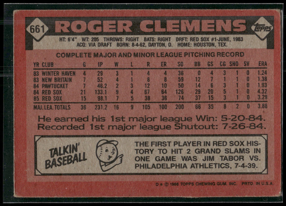 1986 Topps #661 Roger Clemens
