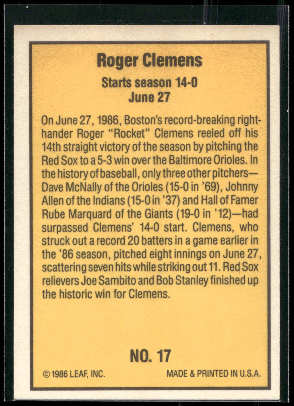 1986 Donruss Highlights #17 Roger Clemens