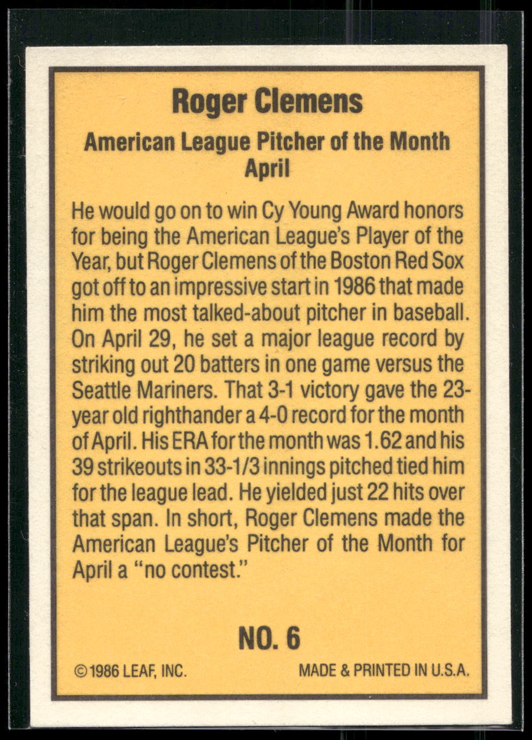 1986 Donruss Highlights #6 Roger Clemens