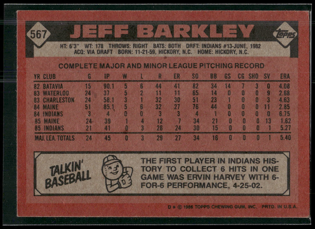 1986 Topps #567 Jeff Barkley