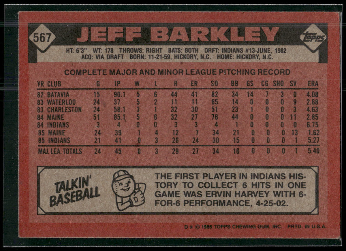 1986 Topps #567 Jeff Barkley
