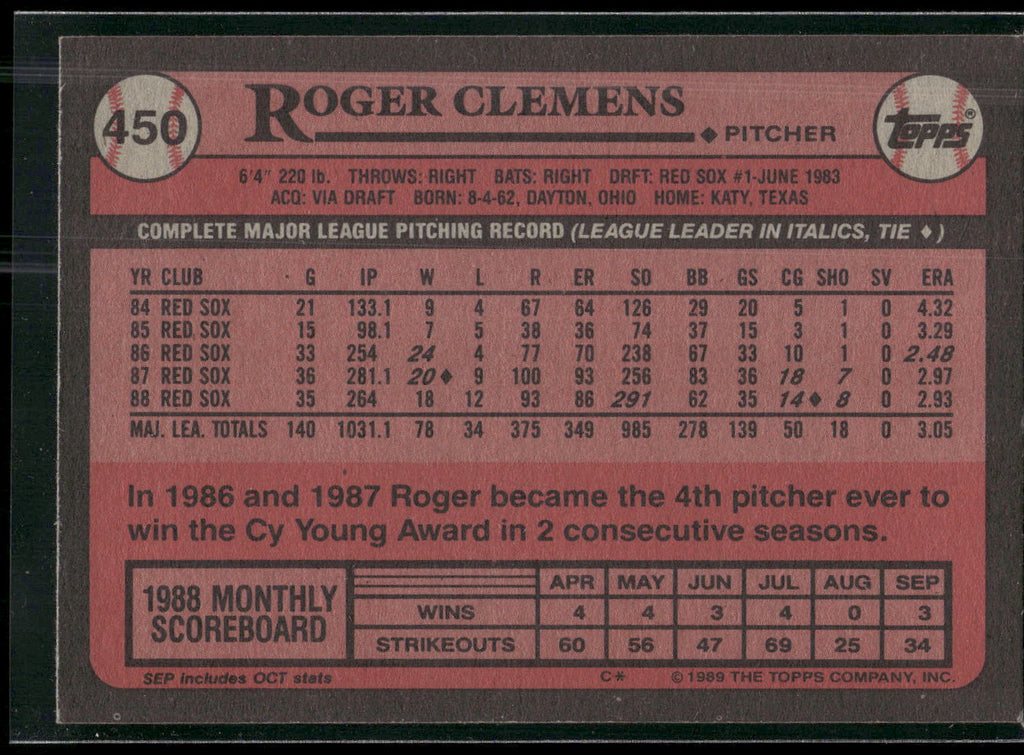 1989 Topps #450 Roger Clemens