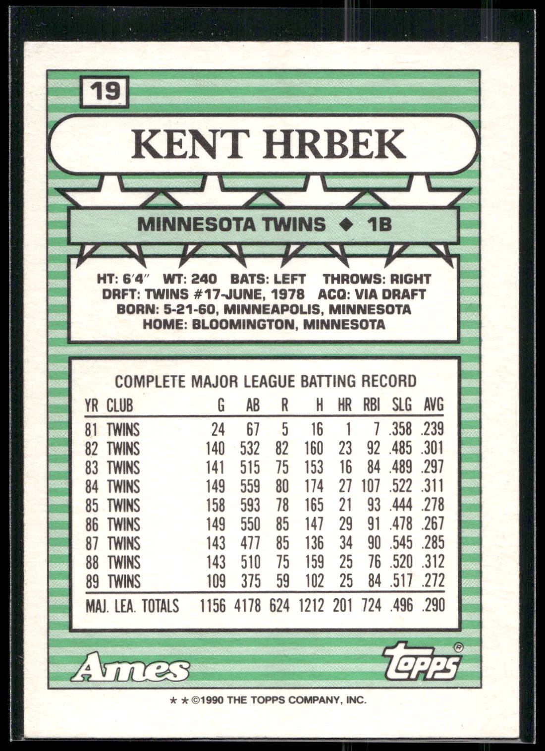 1990 Topps Ames All-Stars #19 Kent Hrbek