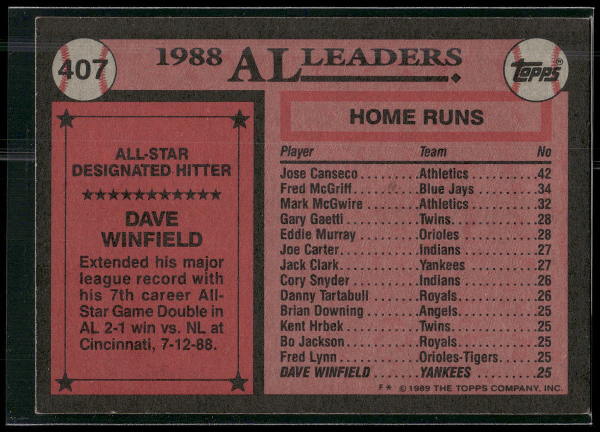 1989 Topps #407 Dave Winfield