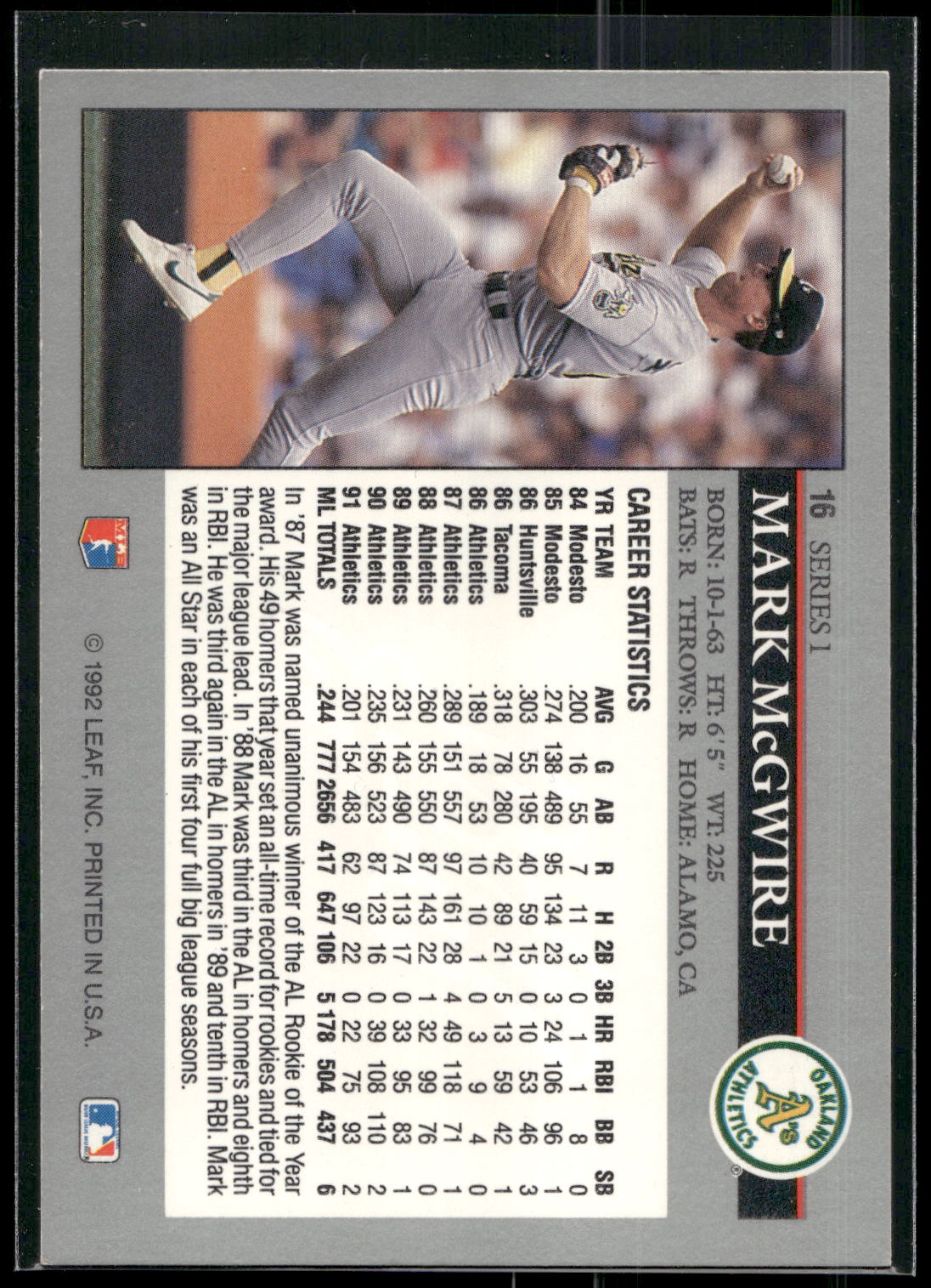 1992 Leaf #16 Mark McGwire