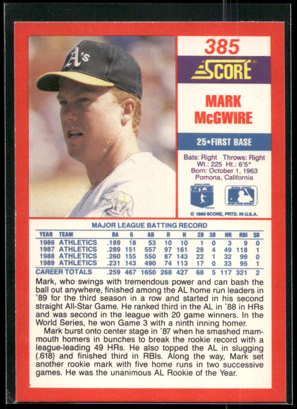 1990 Score #385 Mark McGwire