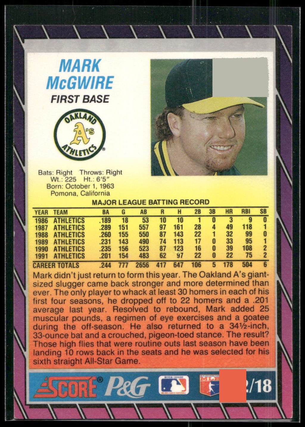 1992 Score Procter & Gamble #2 Mark McGwire