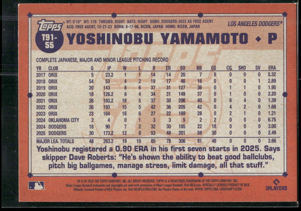 2026 Topps #T91-55 Yoshinobu Yamamoto 1991 Topps Baseball 35th