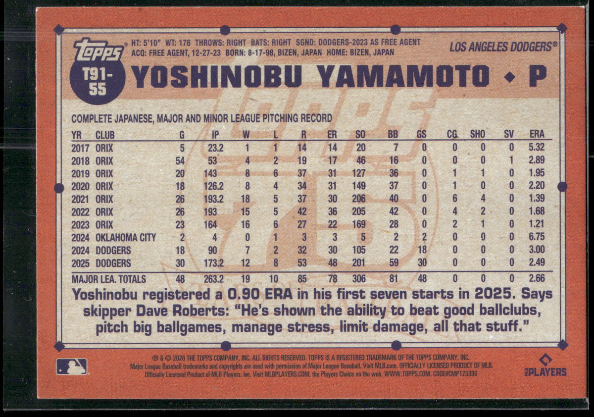 2026 Topps #T91-55 Yoshinobu Yamamoto 1991 Topps Baseball 35th