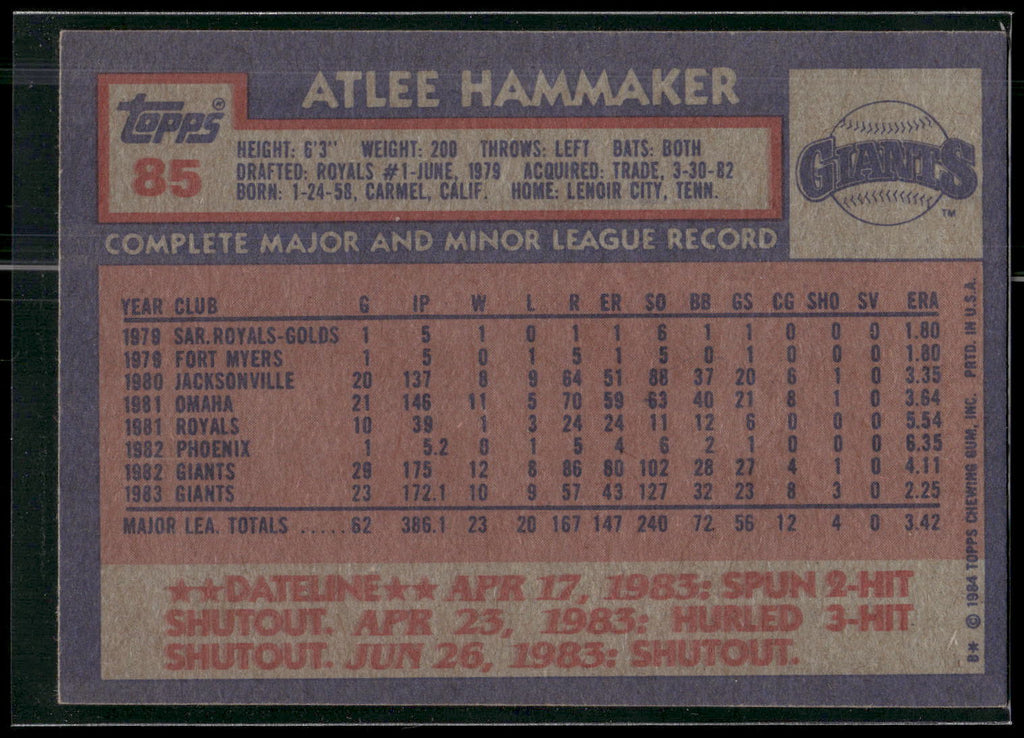 1984 Topps #85 Atlee Hammaker