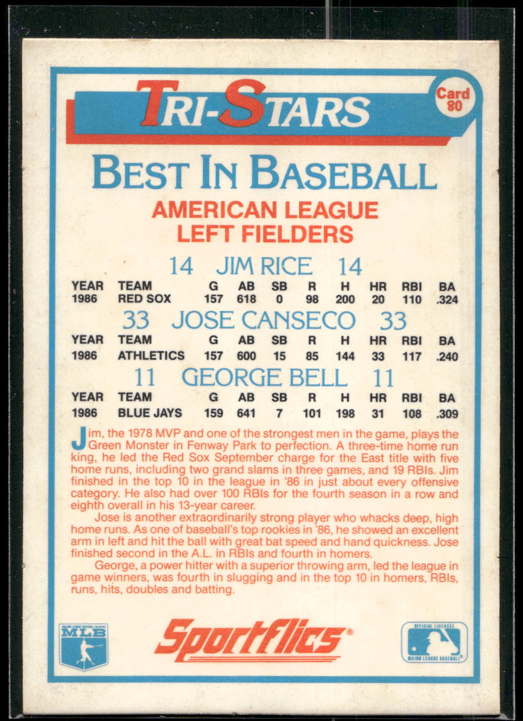 1987 Sportflics #80 Jim Rice / Jose Canseco / George Bell TS