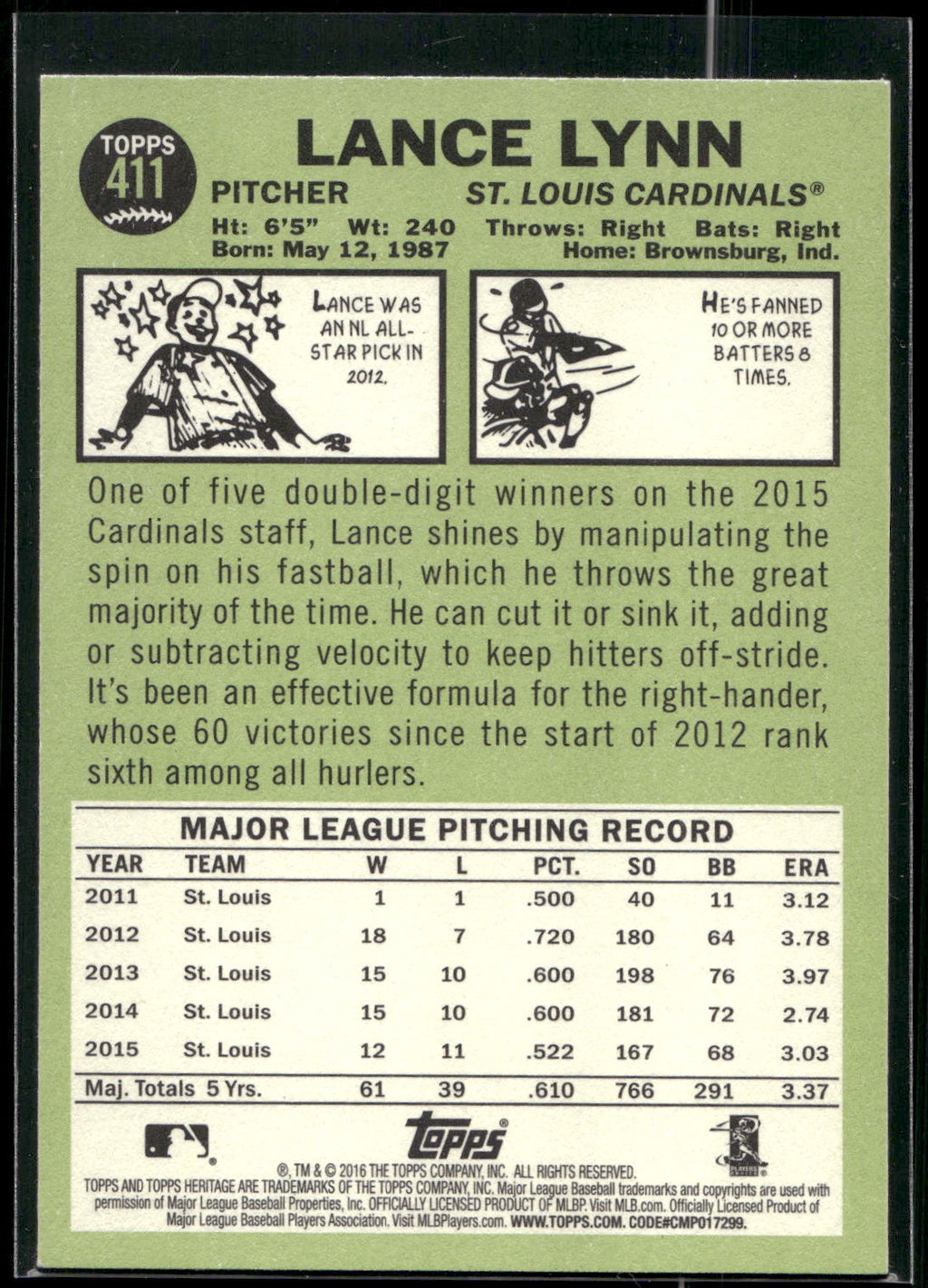 2016 Topps Heritage #411 Lance Lynn