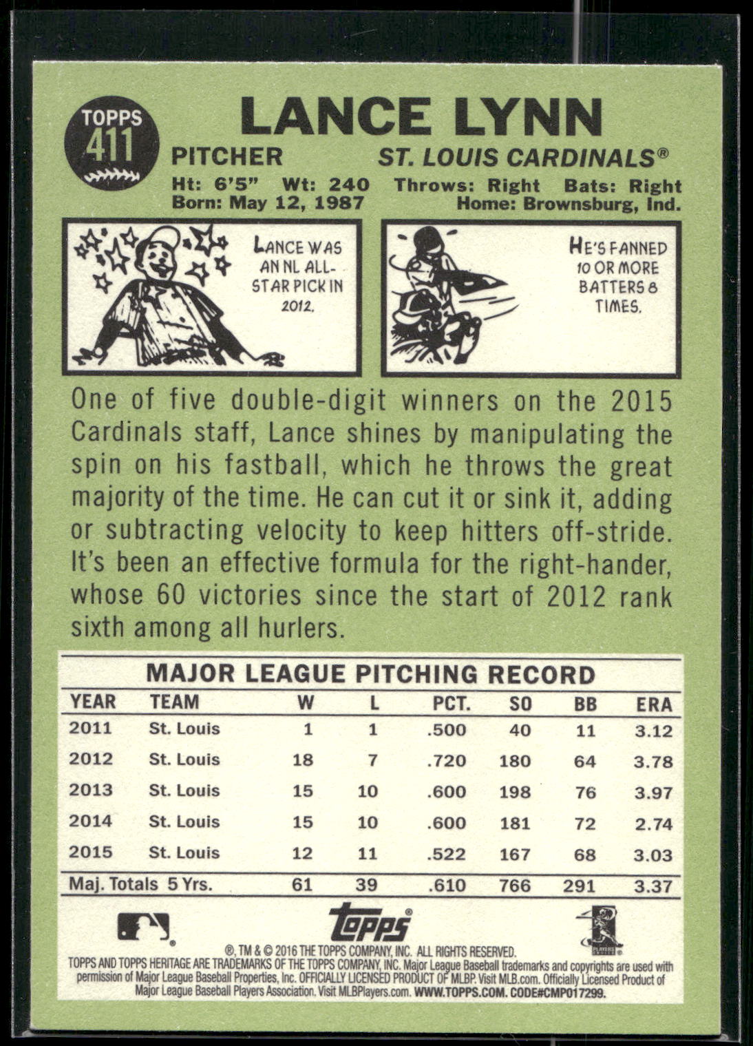2016 Topps Heritage #411 Lance Lynn