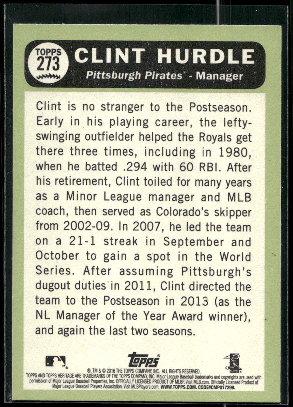 2016 Topps Heritage #273 Clint Hurdle