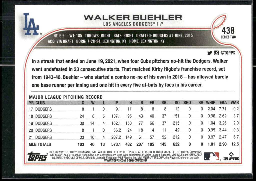 2022 Topps #438 Walker Buehler