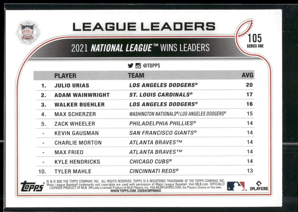 2022 Topps #105 NL Wins Leaders (Julio Urias / Adam Wainwright / Walker Buehler)