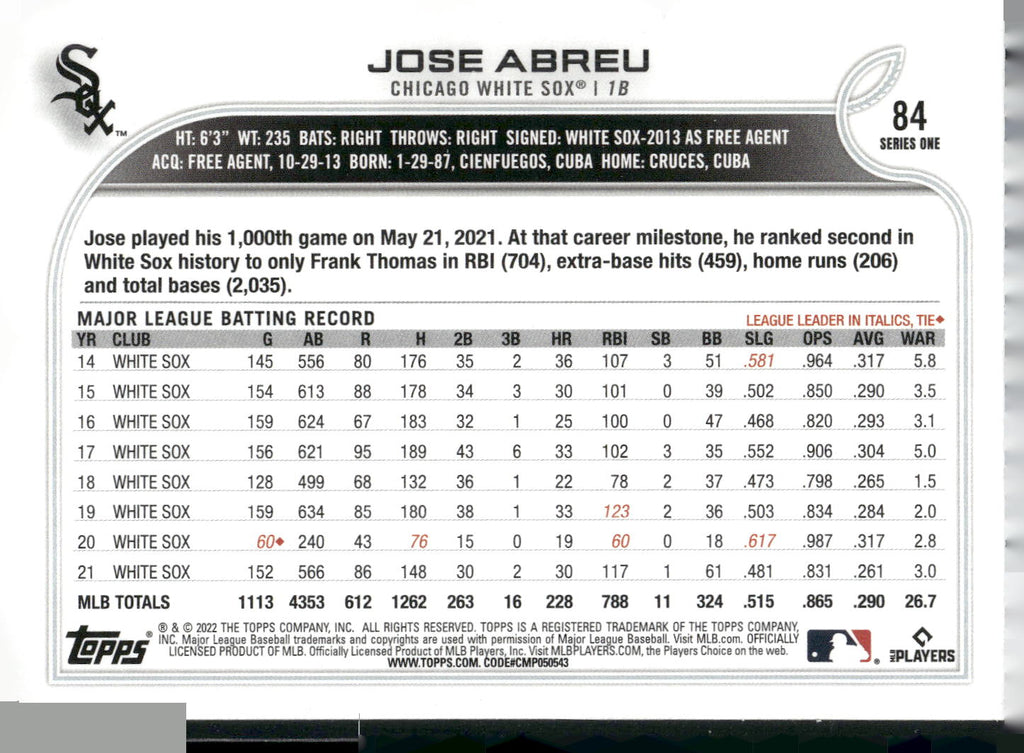 2022 Topps #84 Jose Abreu