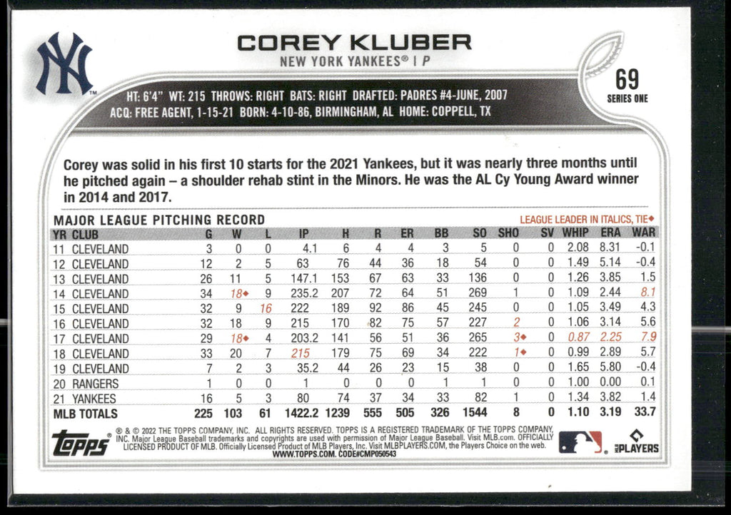 2022 Topps #69 Corey Kluber