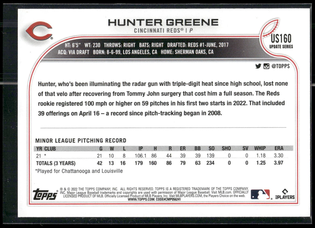 2022 Topps Update #US160 Hunter Greene