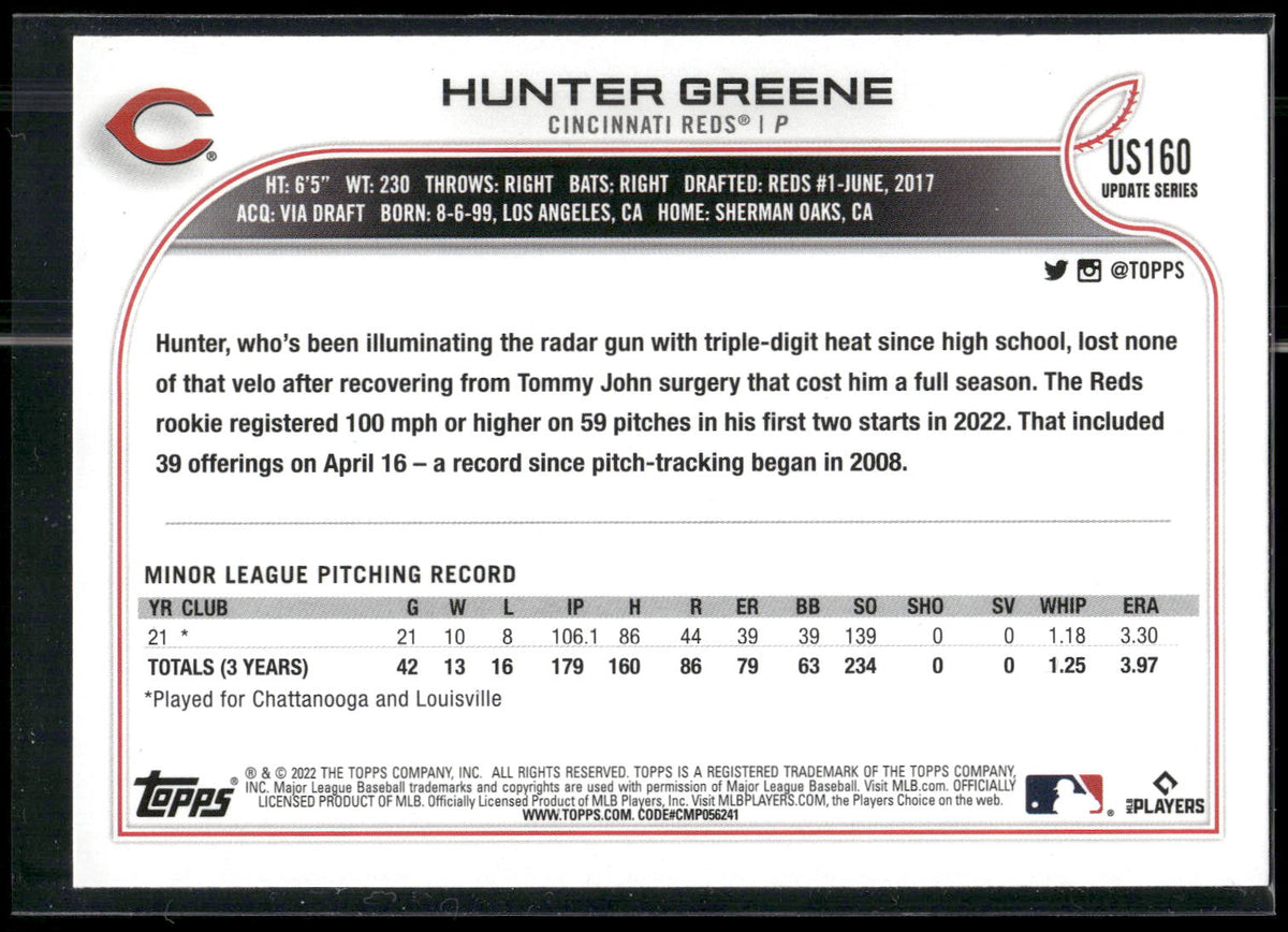 2022 Topps Update #US160 Hunter Greene