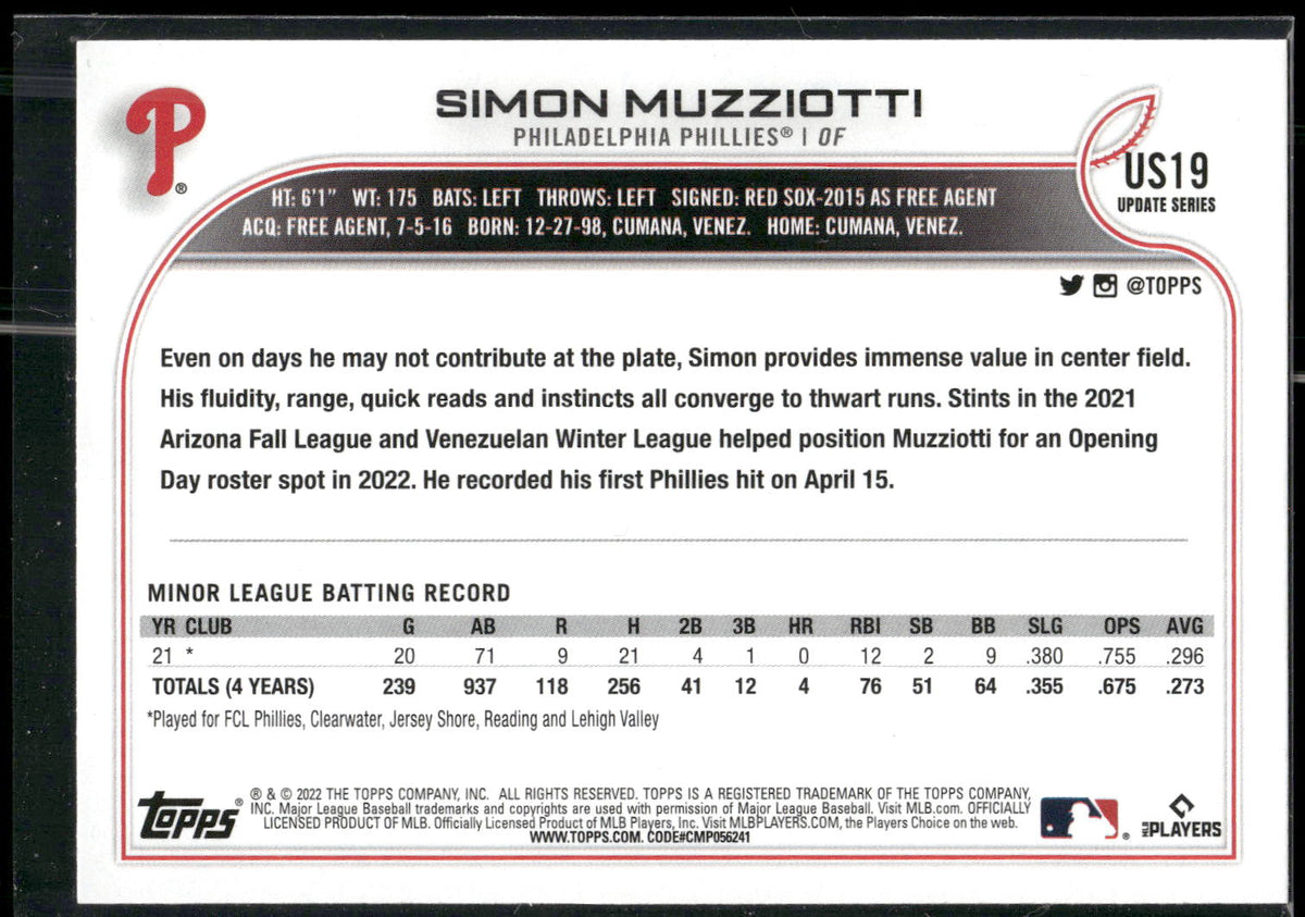 2022 Topps Update #US19 Simon Muzziotti