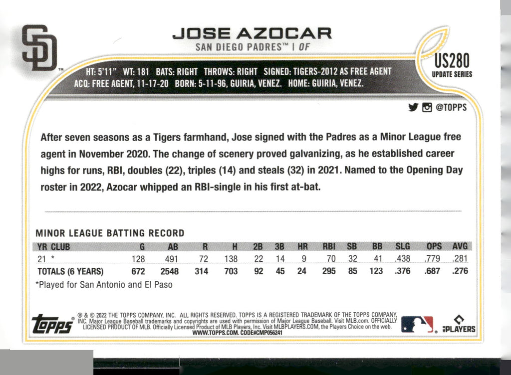 2022 Topps Update #US280 Jose Azocar