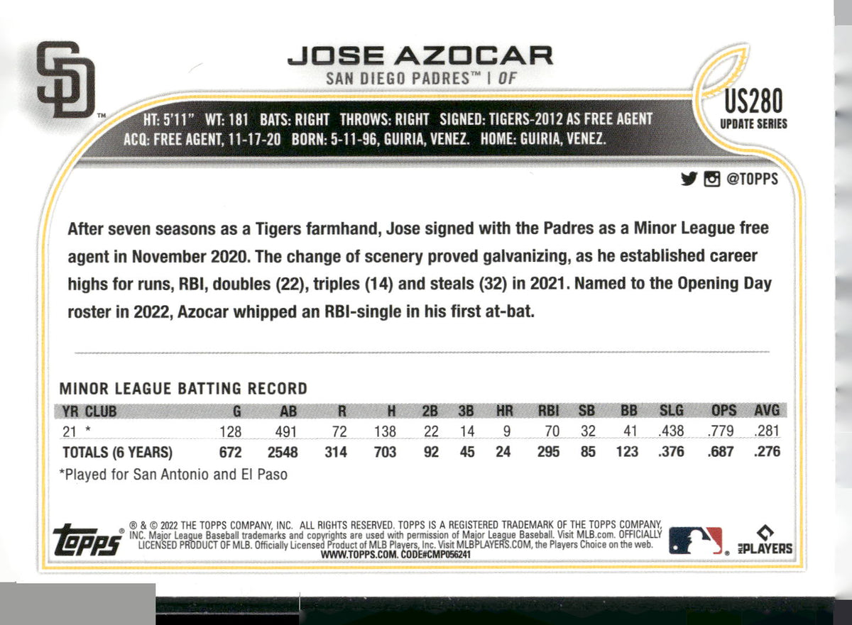 2022 Topps Update #US280 Jose Azocar