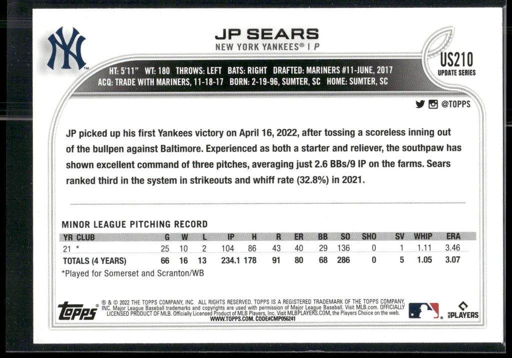 2022 Topps Update #US210 JP Sears
