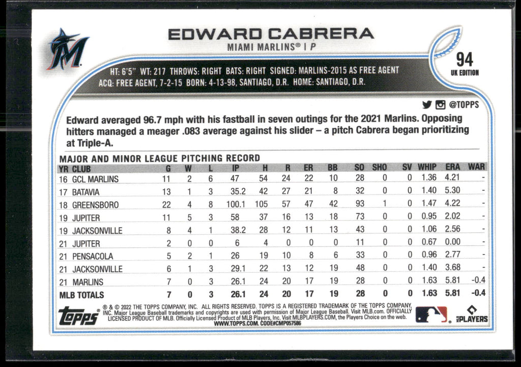 2022 Topps #566b Edward Cabrera