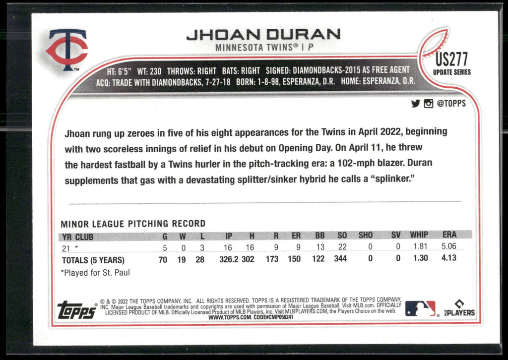 2022 Topps Update #US277 Jhoan Duran