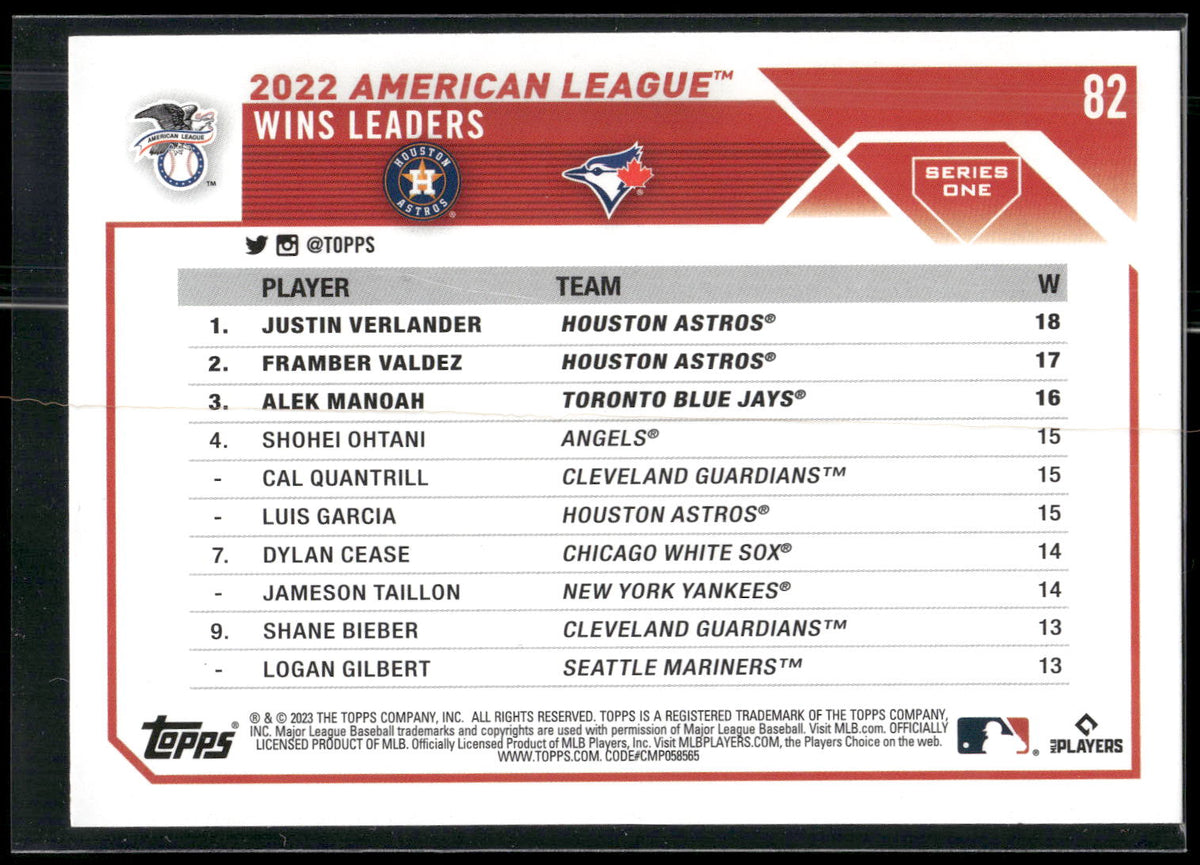 2023 Topps #82 AL Wins Leaders (Justin Verlander / Framber Valdez / Alek Manoah)