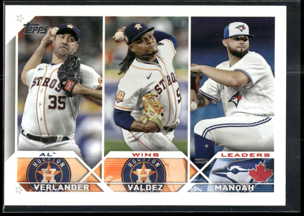 2023 Topps #82 AL Wins Leaders (Justin Verlander / Framber Valdez / Alek Manoah)