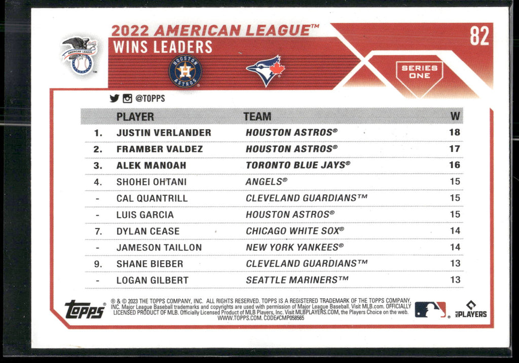 2023 Topps #82 AL Wins Leaders (Justin Verlander / Framber Valdez / Alek Manoah)