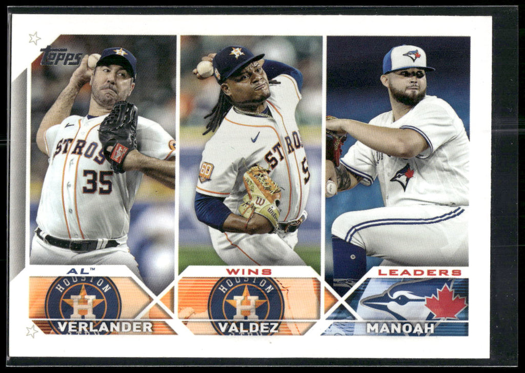 2023 Topps #82 AL Wins Leaders (Justin Verlander / Framber Valdez / Alek Manoah)