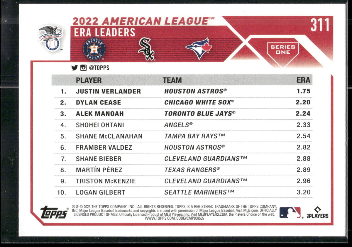 2023 Topps #311 AL ERA Leaders (Justin Verlander / Dylan Cease / Alek Manoah)