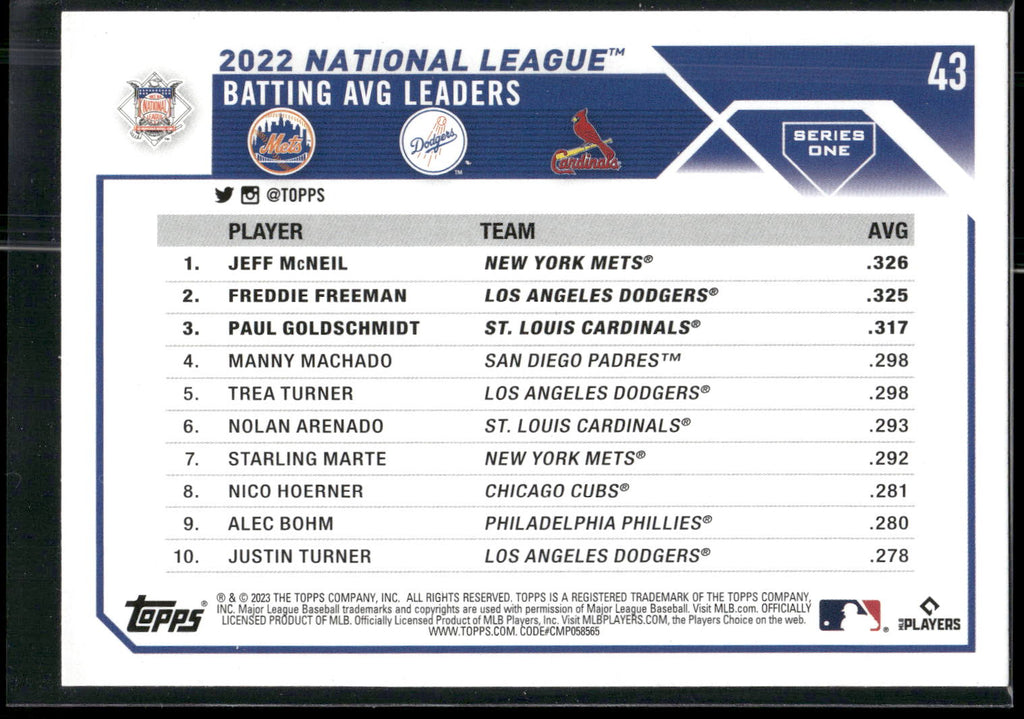 2023 Topps #43 NL AVG Leaders (Jeff McNeil / Freddie Freeman / Paul Goldschmidt)