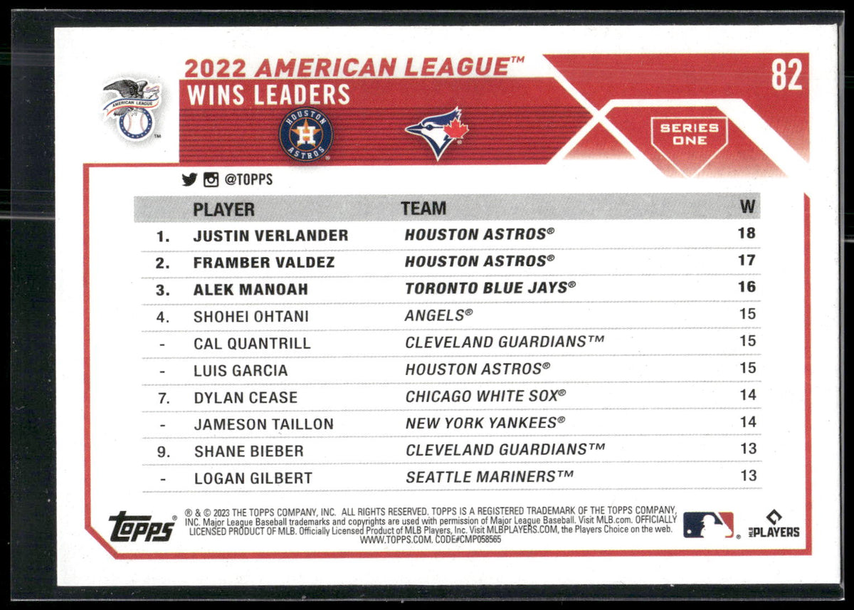 2023 Topps #82 AL Wins Leaders (Justin Verlander / Framber Valdez / Alek Manoah)