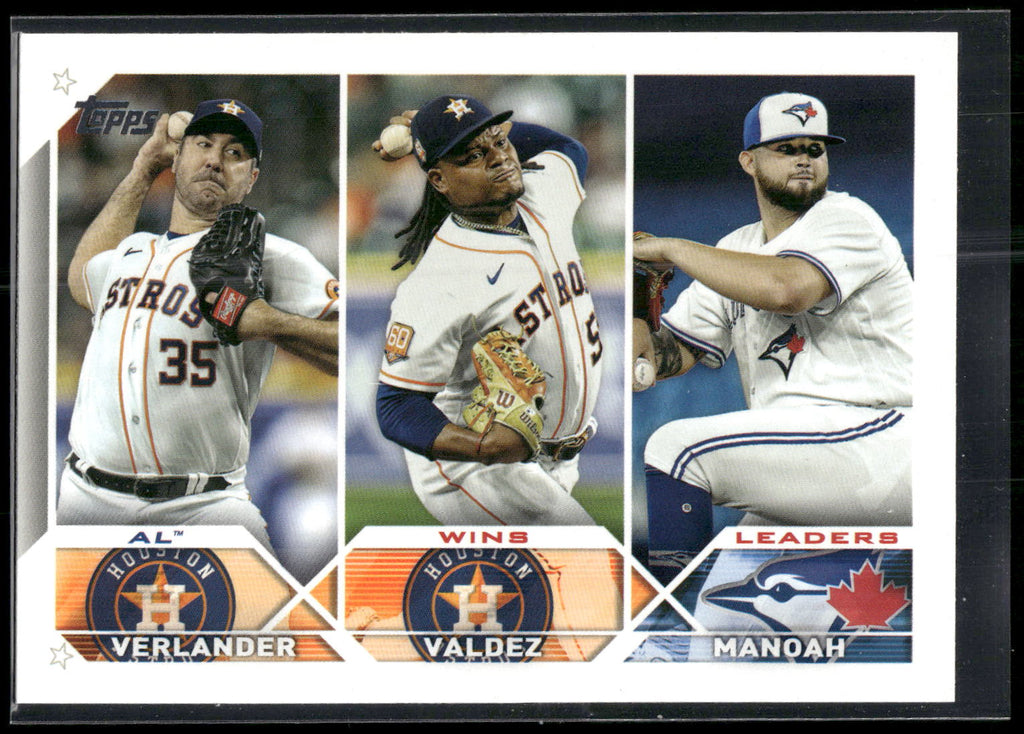 2023 Topps #82 AL Wins Leaders (Justin Verlander / Framber Valdez / Alek Manoah)