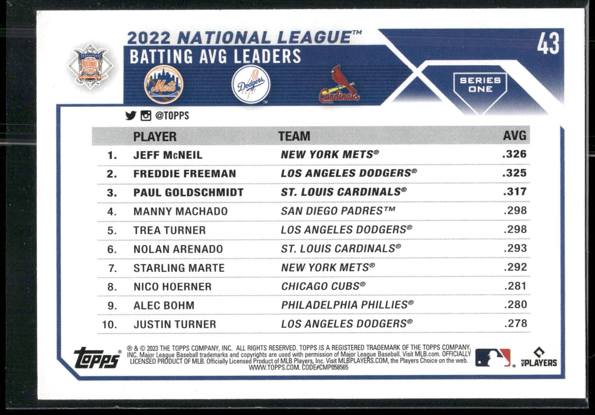 2023 Topps #43 NL AVG Leaders (Jeff McNeil / Freddie Freeman / Paul Goldschmidt)