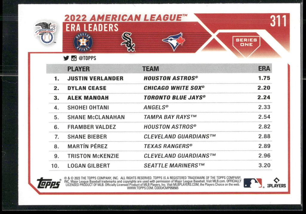 2023 Topps #311 AL ERA Leaders (Justin Verlander / Dylan Cease / Alek Manoah)