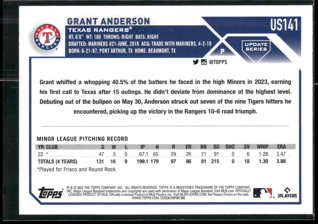2023 Topps Update #US141 Grant Anderson