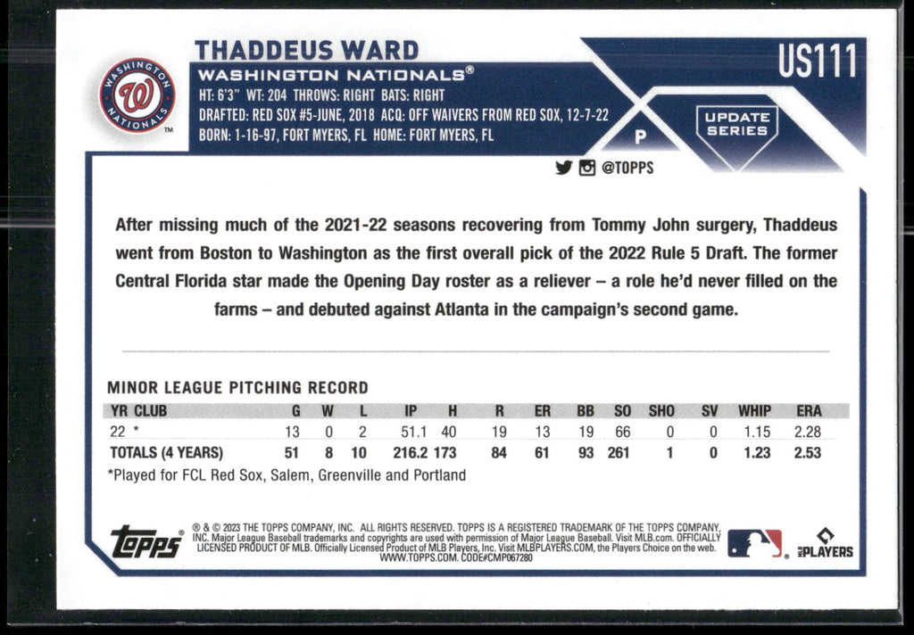 2023 Topps Update #US111 Thaddeus Ward