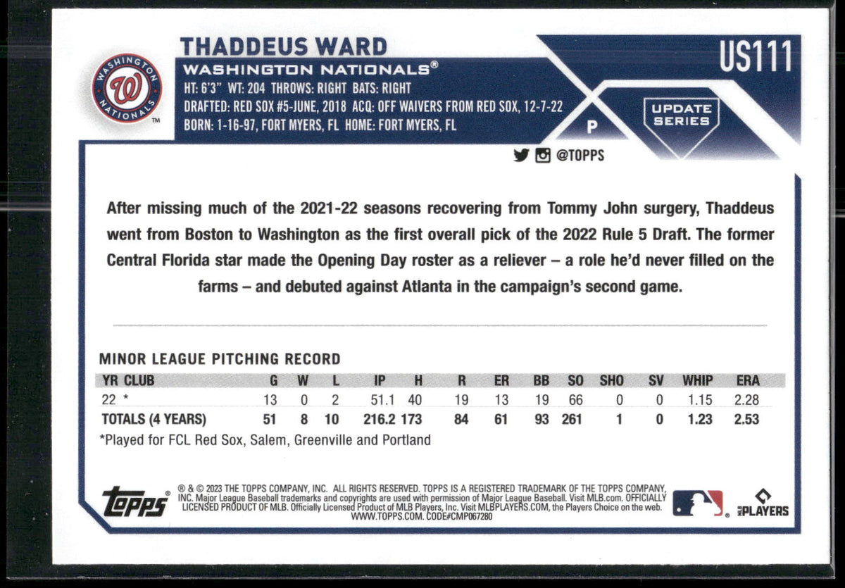 2023 Topps Update #US111 Thaddeus Ward