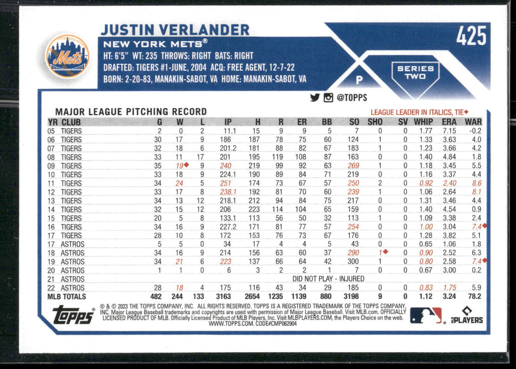2023 Topps #425 Justin Verlander
