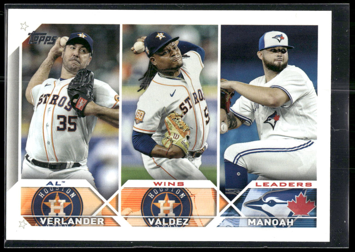 2023 Topps #82 AL Wins Leaders (Justin Verlander / Framber Valdez / Alek Manoah)