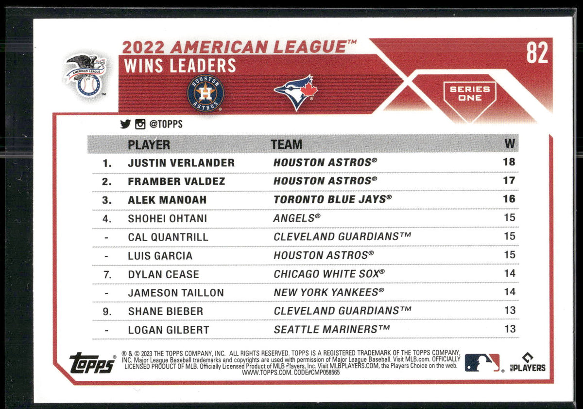 2023 Topps #82 AL Wins Leaders (Justin Verlander / Framber Valdez / Alek Manoah)