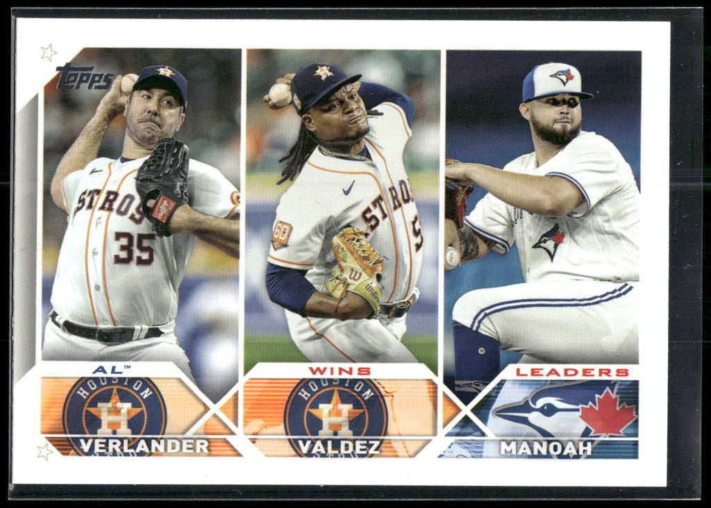 2023 Topps #82 AL Wins Leaders (Justin Verlander / Framber Valdez / Alek Manoah)