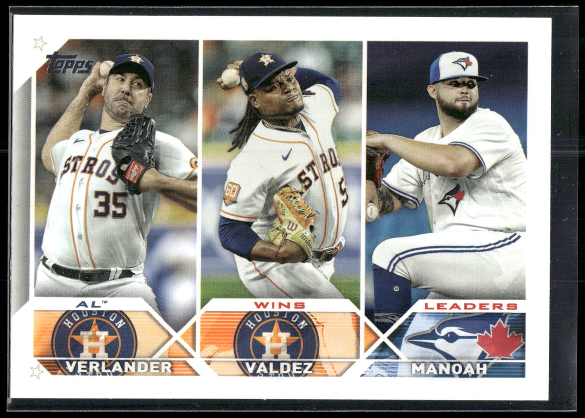 2023 Topps #82 AL Wins Leaders (Justin Verlander / Framber Valdez / Alek Manoah)