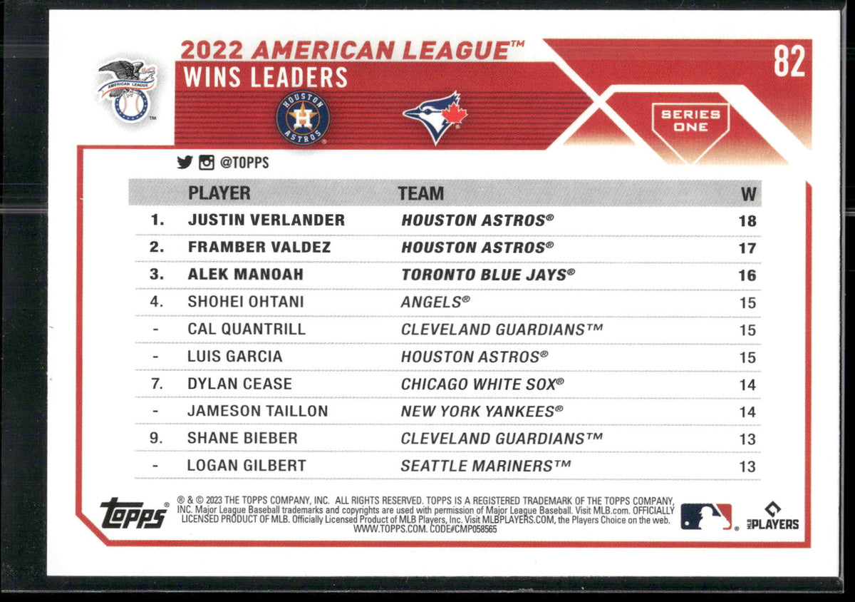 2023 Topps #82 AL Wins Leaders (Justin Verlander / Framber Valdez / Alek Manoah)
