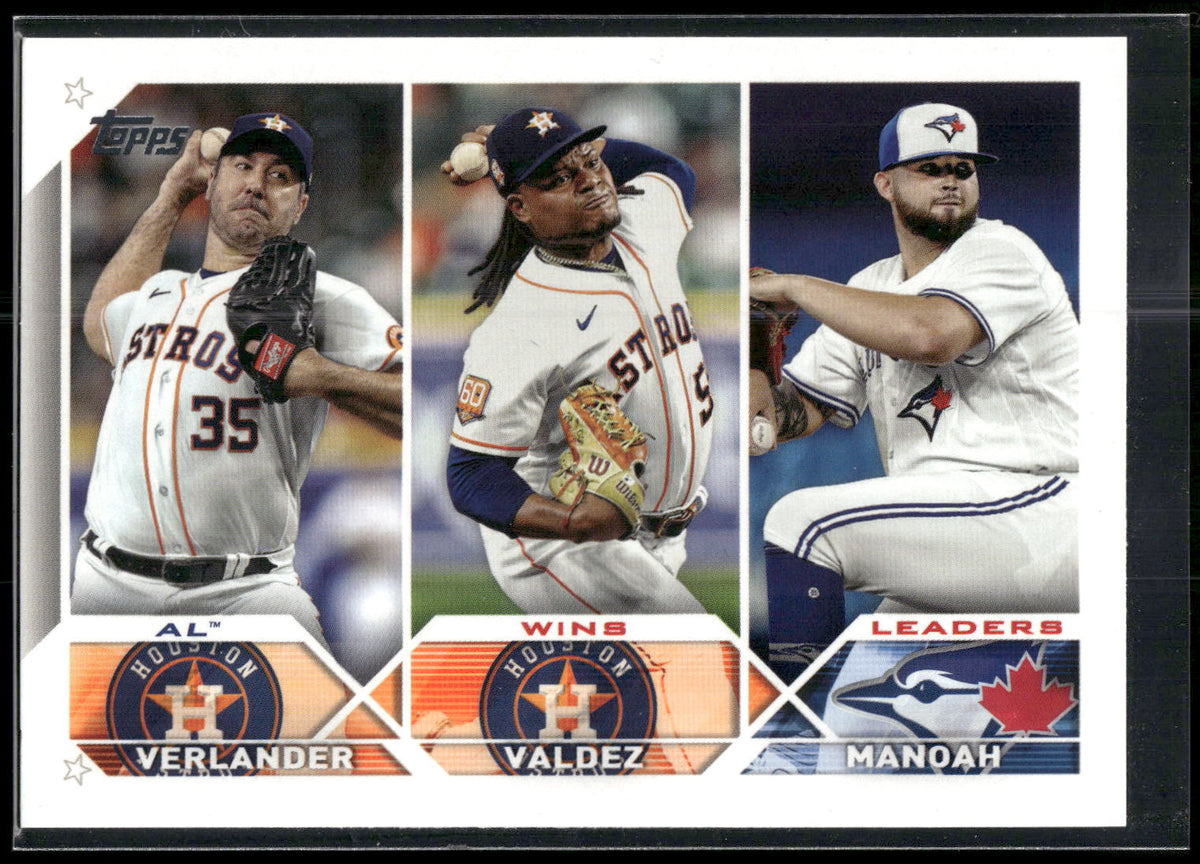 2023 Topps #82 AL Wins Leaders (Justin Verlander / Framber Valdez / Alek Manoah)